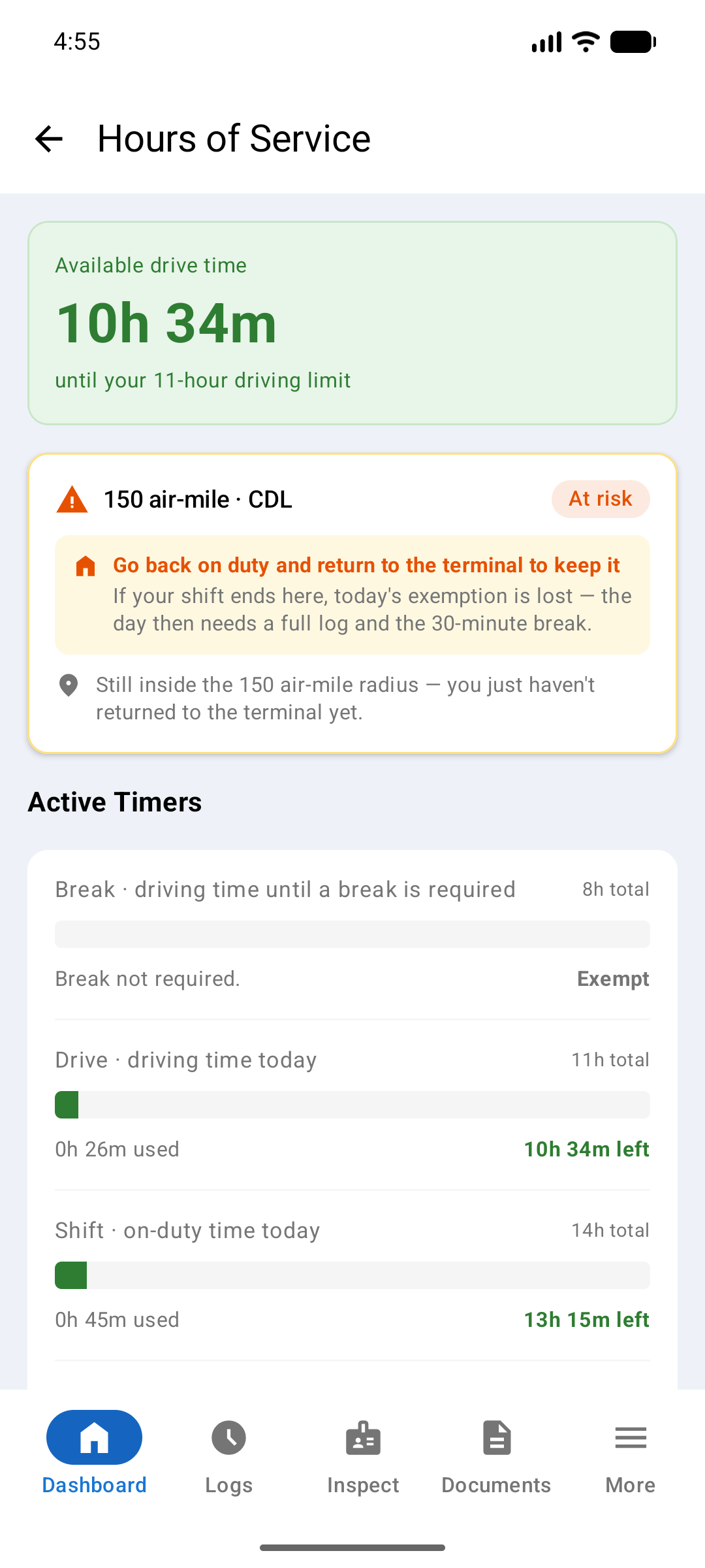 Short-haul exemption card showing At risk, with guidance to return to the terminal