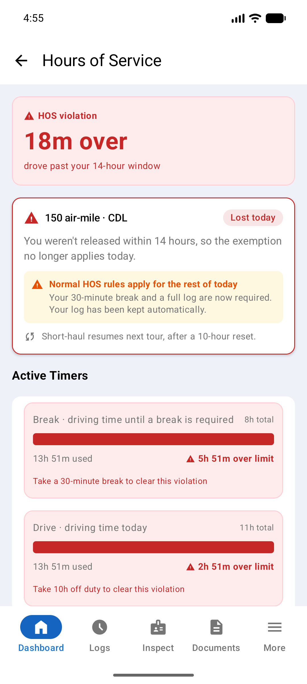 Short-haul exemption card showing Lost today, with normal HOS rules now applying