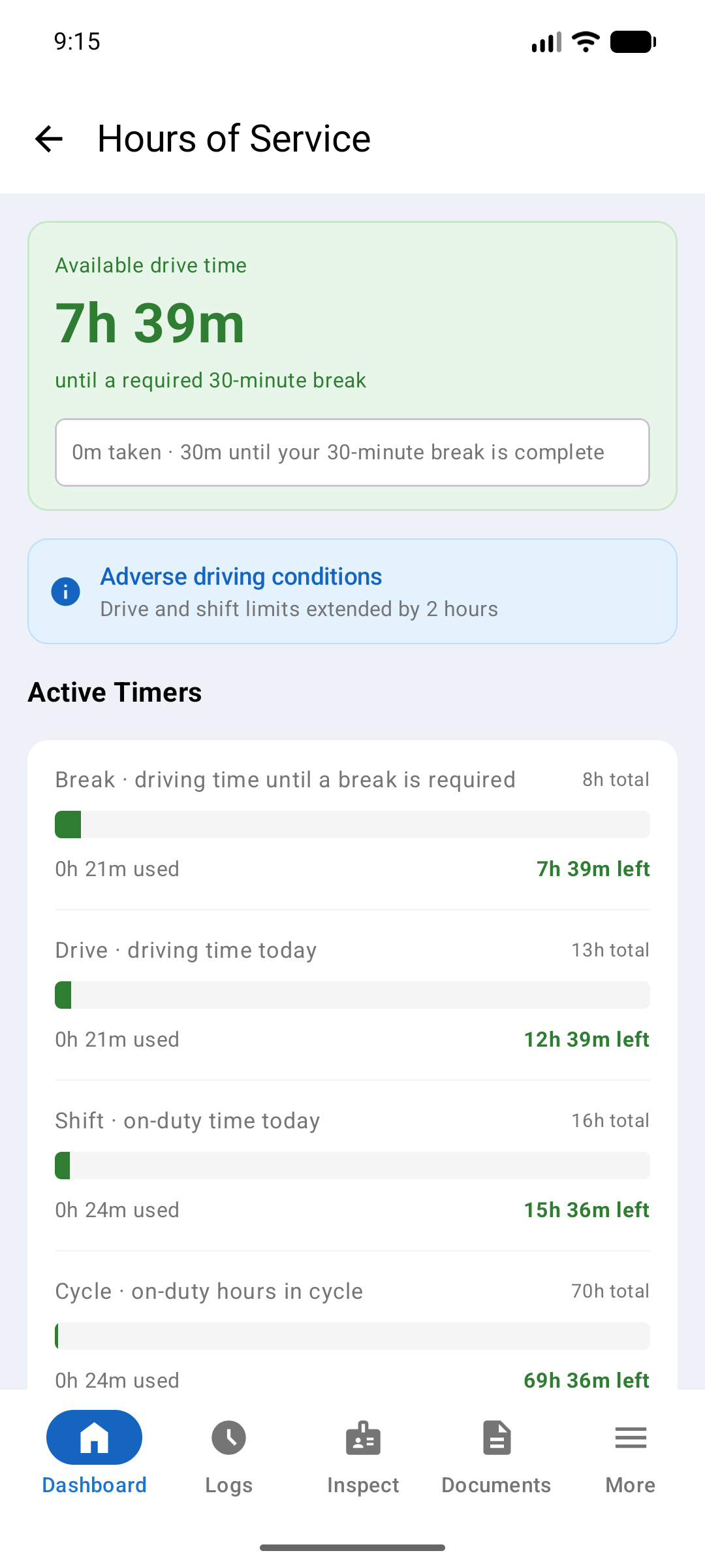 Hours of Service screen with an adverse driving conditions card, showing a 13-hour drive limit and 16-hour shift limit