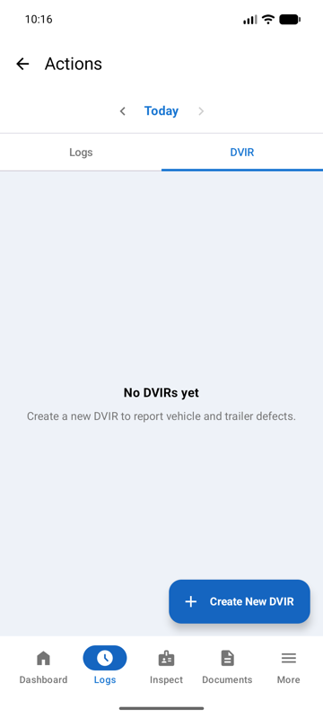 DVIR tab empty state with Create New DVIR button