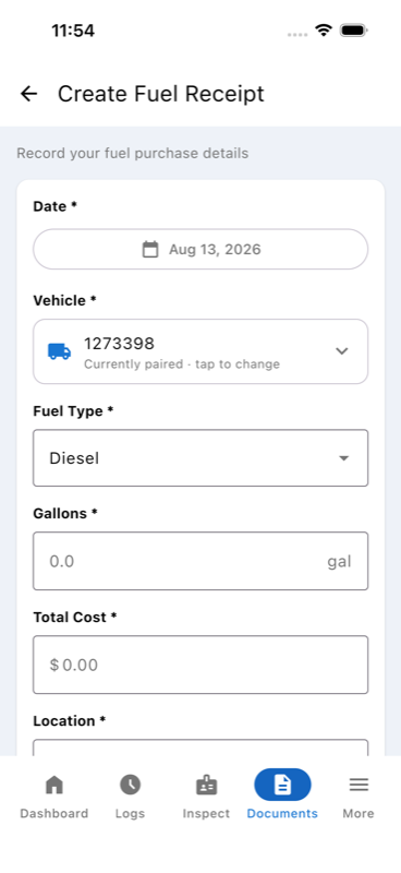 Create Fuel Receipt — empty form