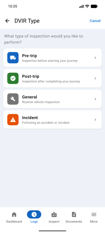 DVIR Type selection screen with Pre-trip, Post-trip, General, and Incident options