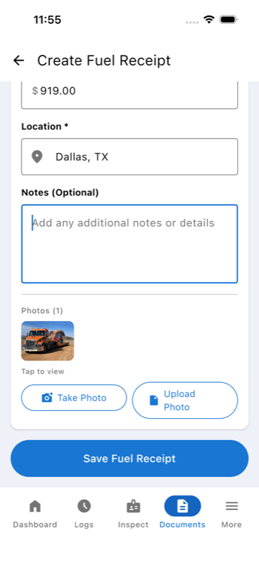 Create Fuel Receipt — filled, photo attached
