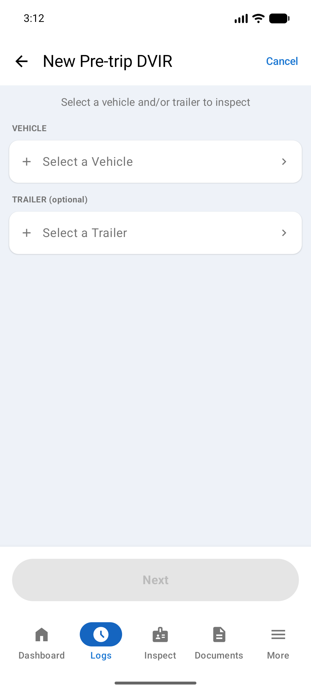 New Pre-trip DVIR screen asking you to select a vehicle and/or trailer, with a required Vehicle picker, an optional Trailer picker, and a Next button that stays disabled until a vehicle is chosen