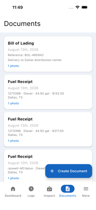 Documents list — new Fuel Receipt visible