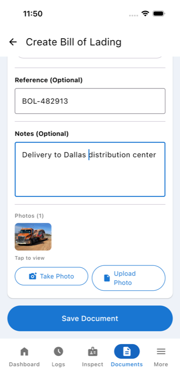 Create Bill of Lading — filled, photo attached