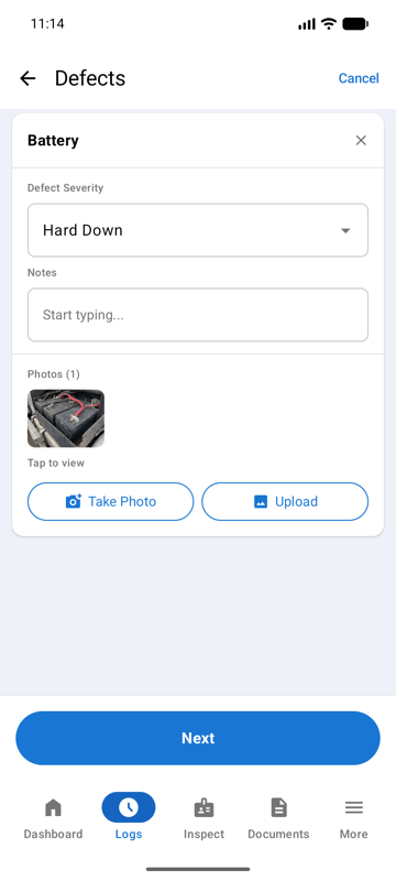 Defect details screen with a photo attached
