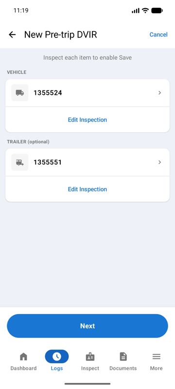 Vehicle and trailer inspections marked complete