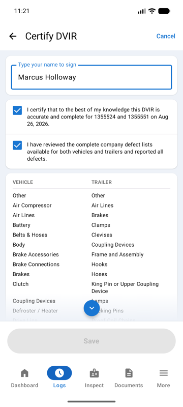 Certify DVIR screen with name entered, both certification boxes checked, and the defect category table