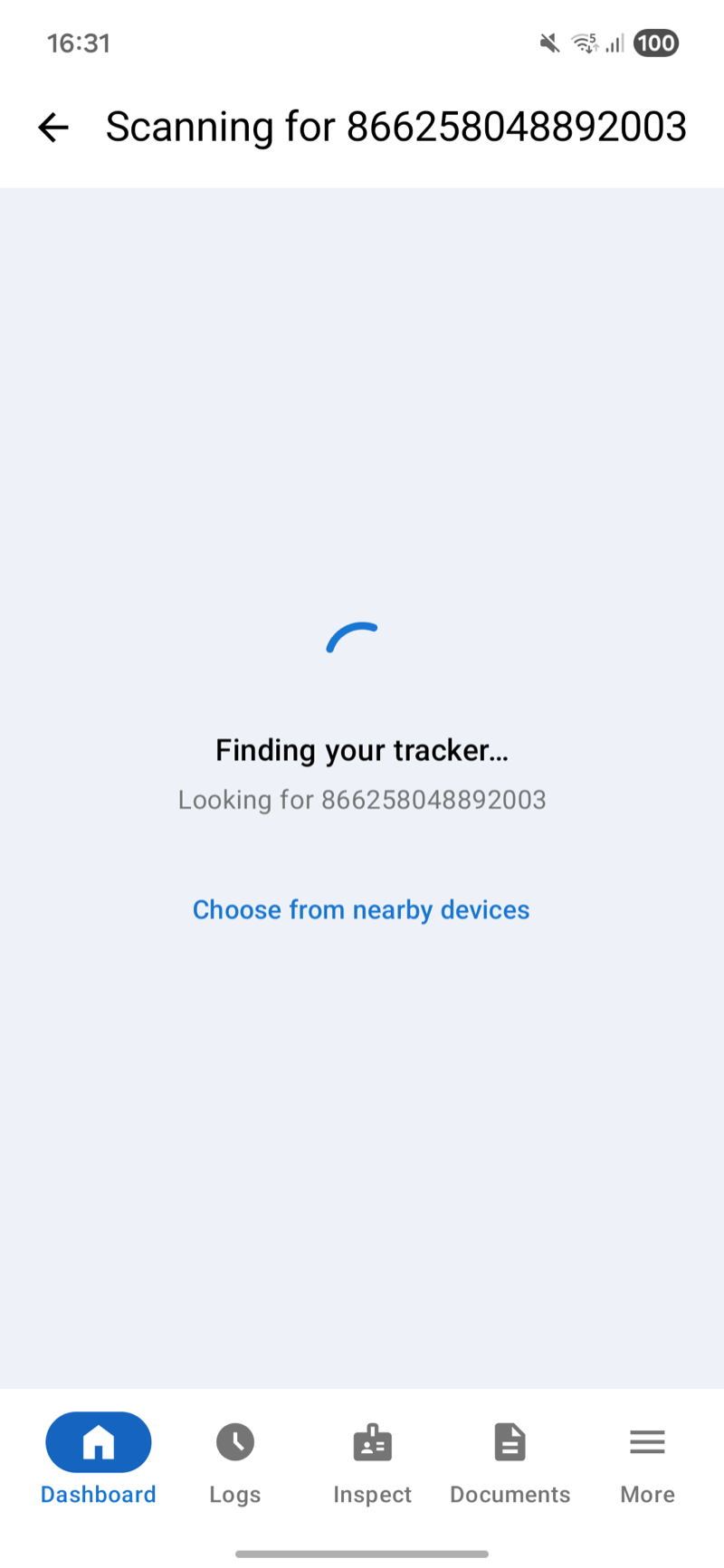 Scanning for tracker by ID, with Choose from nearby devices link