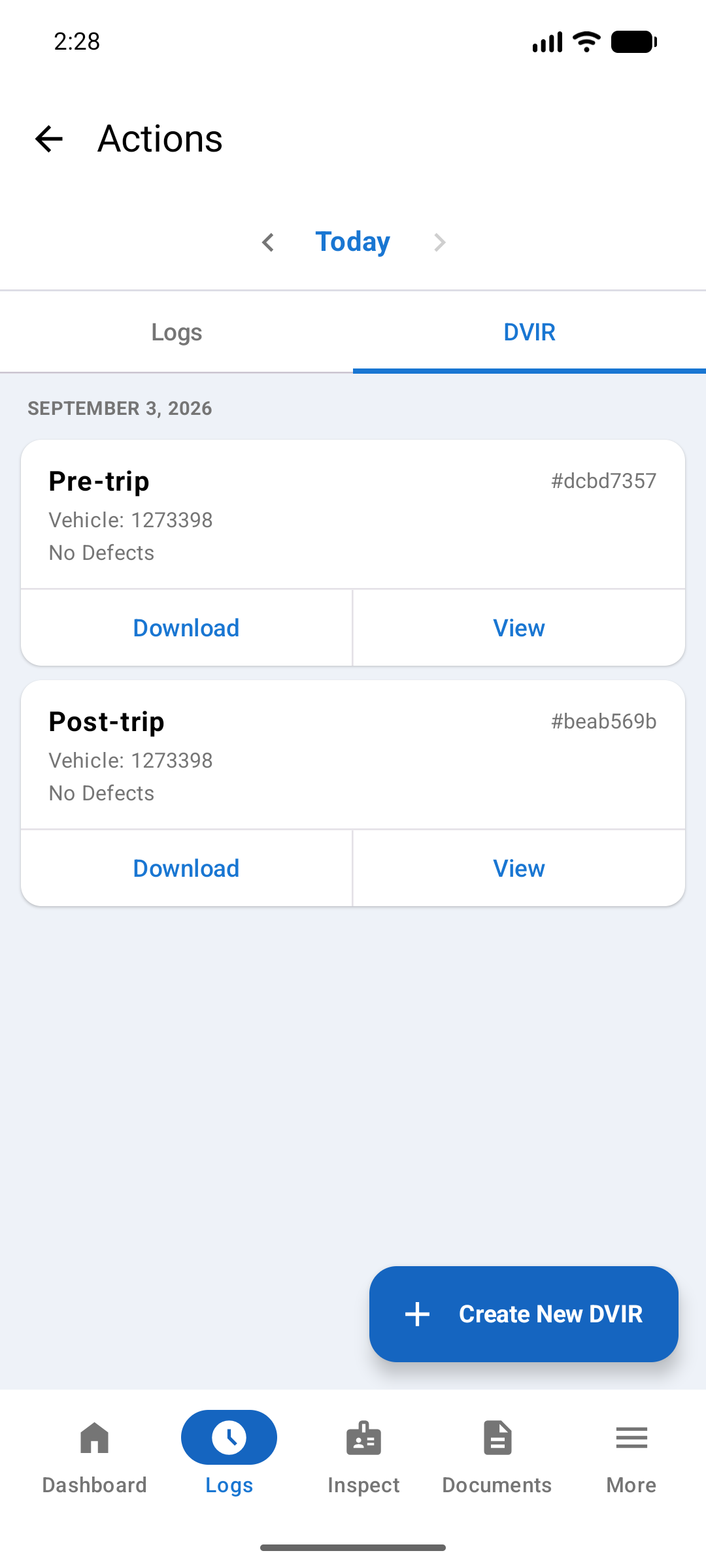 DVIR tab for today listing a Pre-trip and a Post-trip inspection, each marked No Defects with Download and View buttons, and a Create New DVIR button