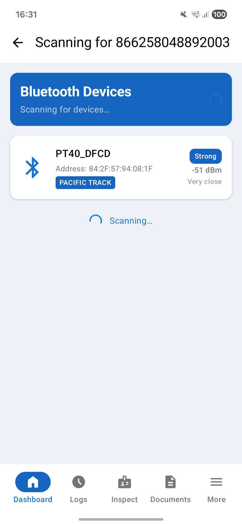 Choose from nearby devices, PT40 card with MAC address and signal strength