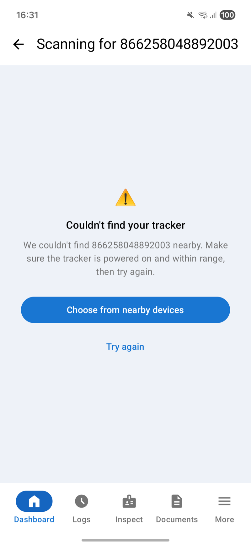 Couldn't find your tracker, with Choose from nearby devices and Try again