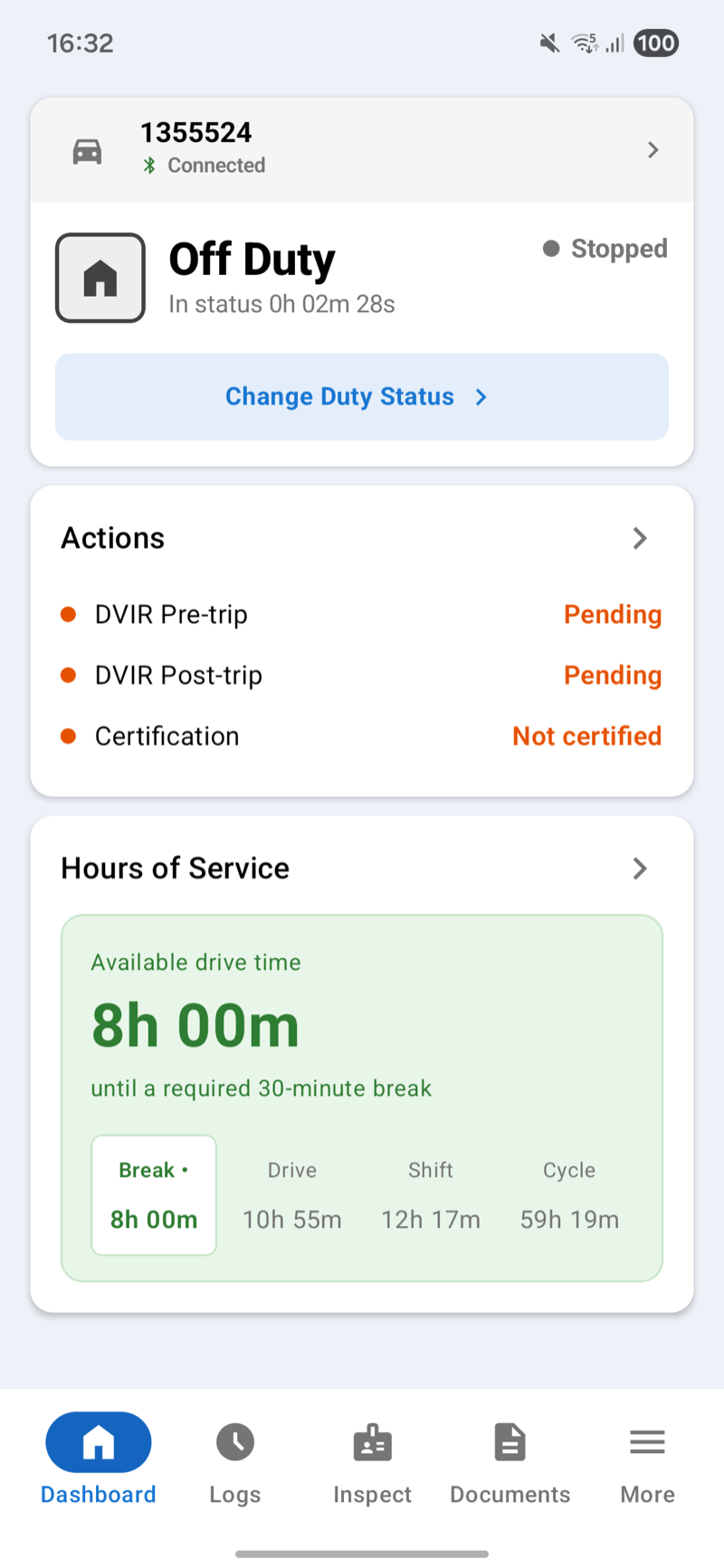 Dashboard showing vehicle Connected over Bluetooth