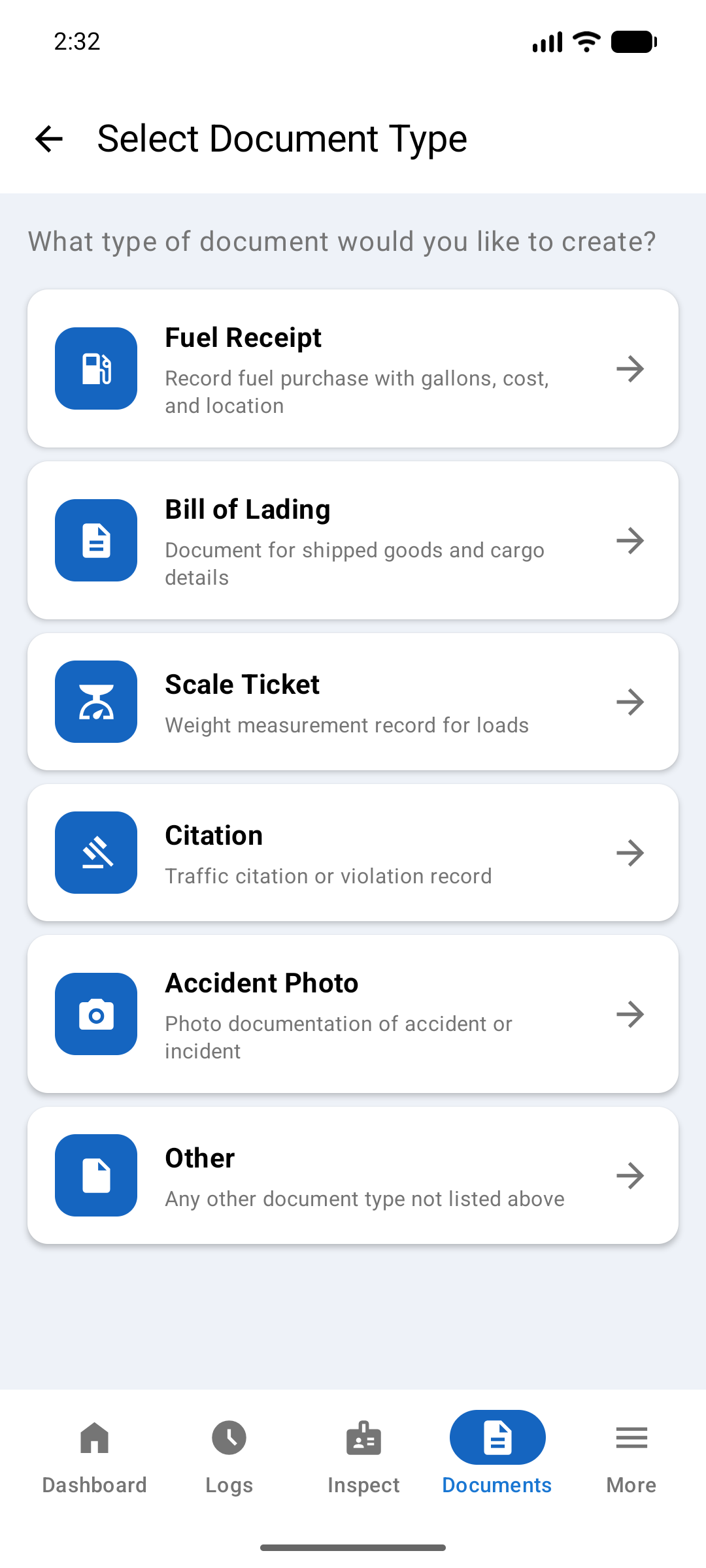 Select Document Type screen listing Fuel Receipt, Bill of Lading, Scale Ticket, Citation, Accident Photo, and Other, each with a short description