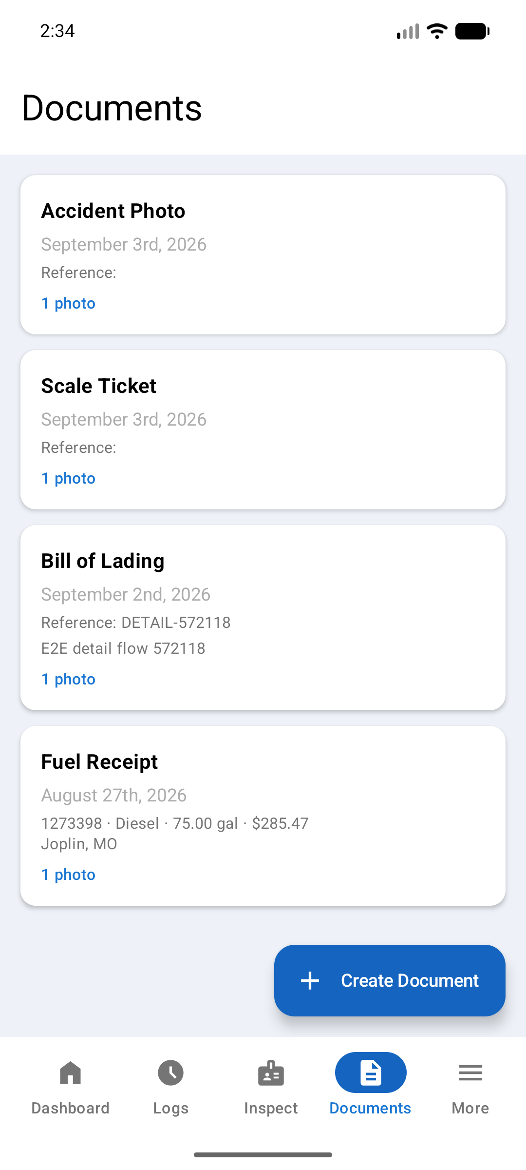 Documents list with an Accident Photo, Scale Ticket, Bill of Lading, and Fuel Receipt card, each showing its date, reference, and photo count, plus a Create Document button