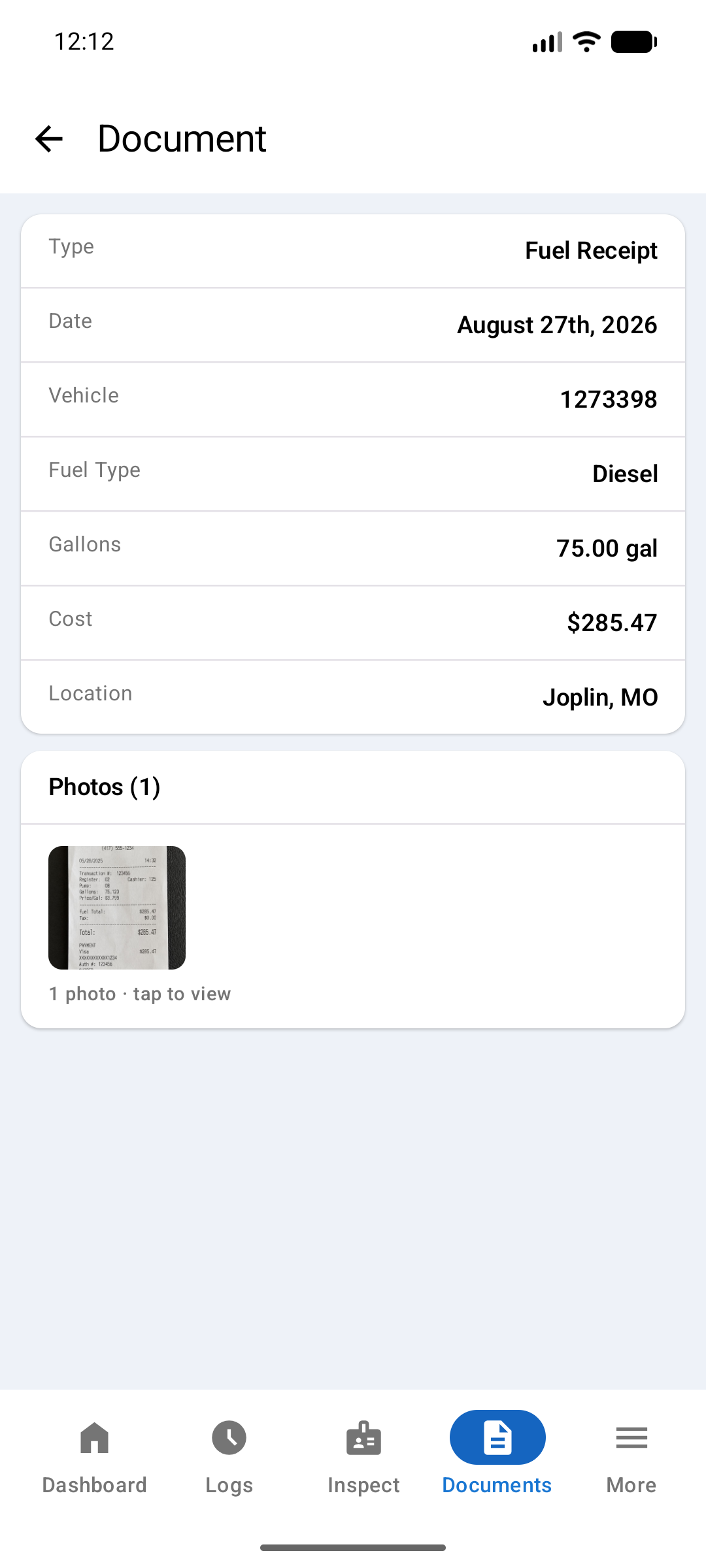 Fuel Receipt detail