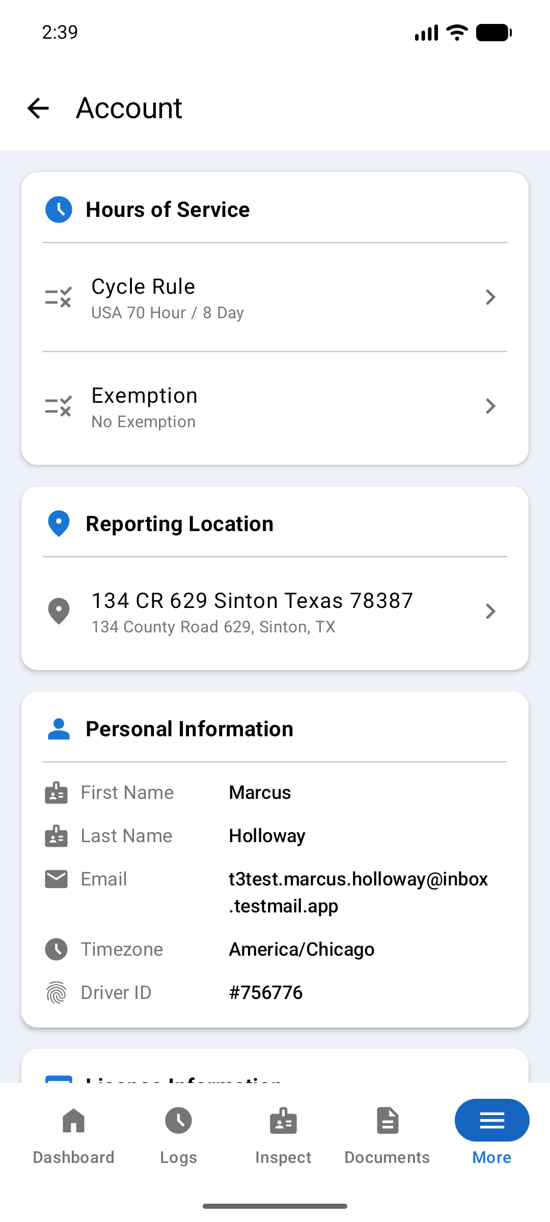 Account screen with an Hours of Service card showing Cycle Rule and Exemption, a Reporting Location card, and a Personal Information card