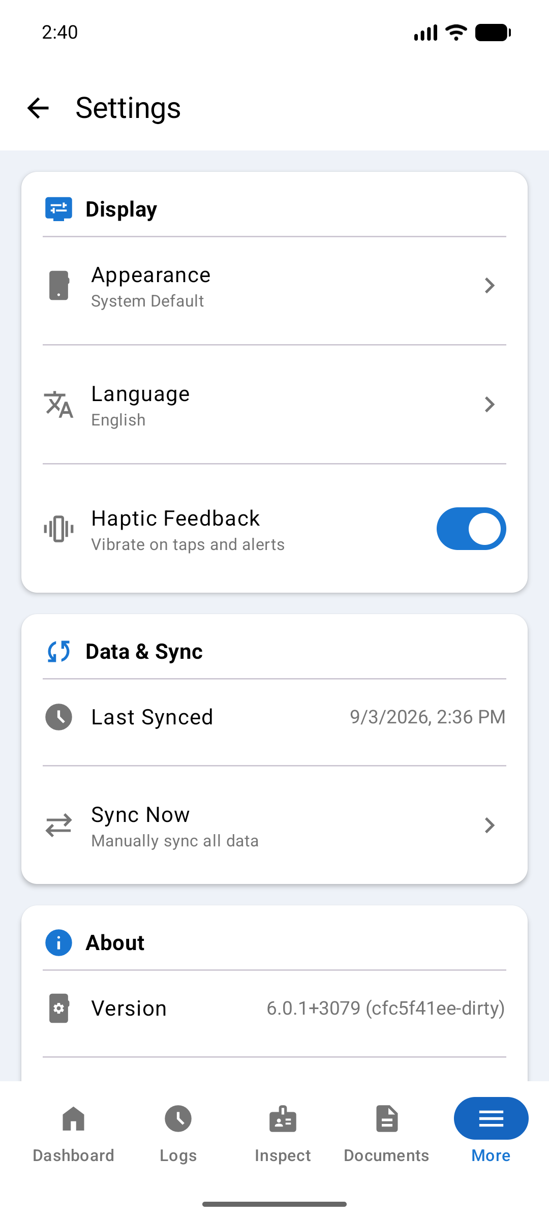 Settings screen with a Display card holding Appearance, Language and Haptic Feedback, a Data and Sync card showing Last Synced and Sync Now, and an About card showing the version