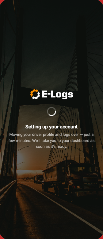 ES E-Logs screen titled Setting up your account, with a spinner and a message that your driver profile and logs are moving over