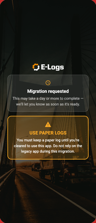 ES E-Logs screen titled Migration requested, with an amber Use Paper Logs box