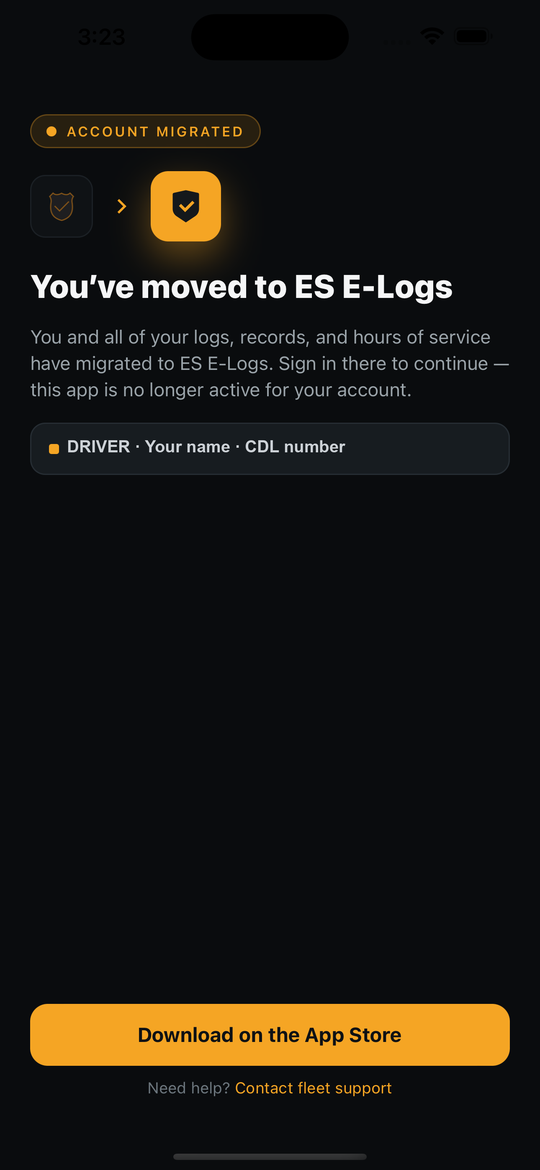 Contractors E-Logs screen titled You've moved to ES E-Logs, with a Download on the App Store button