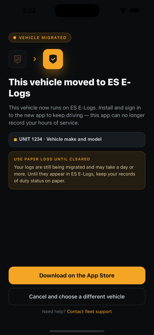 Contractors E-Logs screen titled This vehicle moved to ES E-Logs, with an amber Use Paper Logs Until Cleared box and a button to choose a different vehicle
